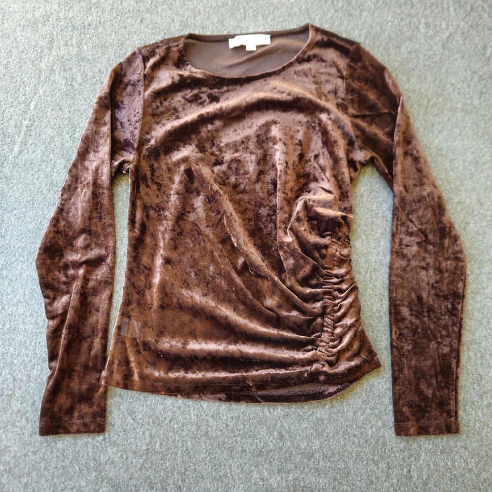 LOFT Chocolate Sheer Crushed‎ Velvet Side Ruched Top Sz M Whimsigoth Gremlincore